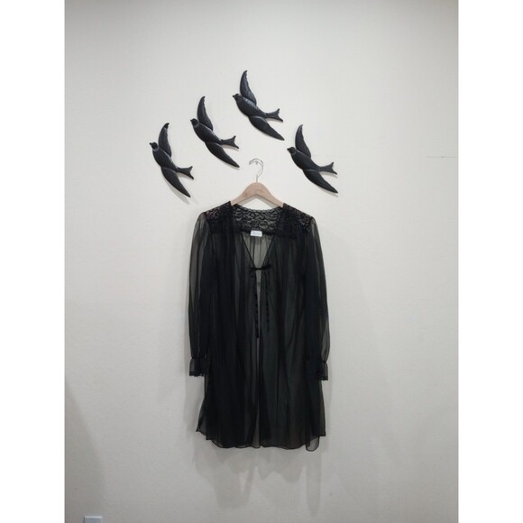 Vintage Barbizon Black Sheer Nylon & Lace Peignoir Robe - M / L - Picture 1 of 6